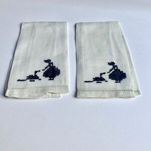 Vintage Petite Pair of "Woman With Dog" Navy Blue Embroidered Finger Tip Towels